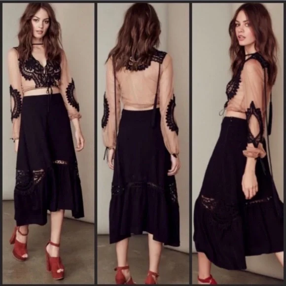 XS For Love and Lemons Penelope Crop Top Black/Nude long sleeve - Picture 2 of 16